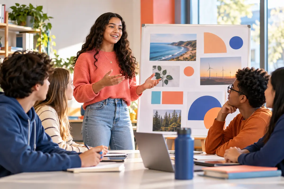 A student delivering a visual presentation to classmates