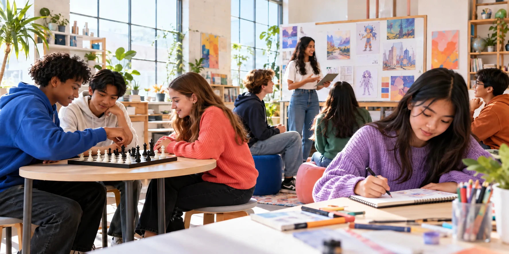 Students exploring chess, communication and visual arts in a creative learning studio