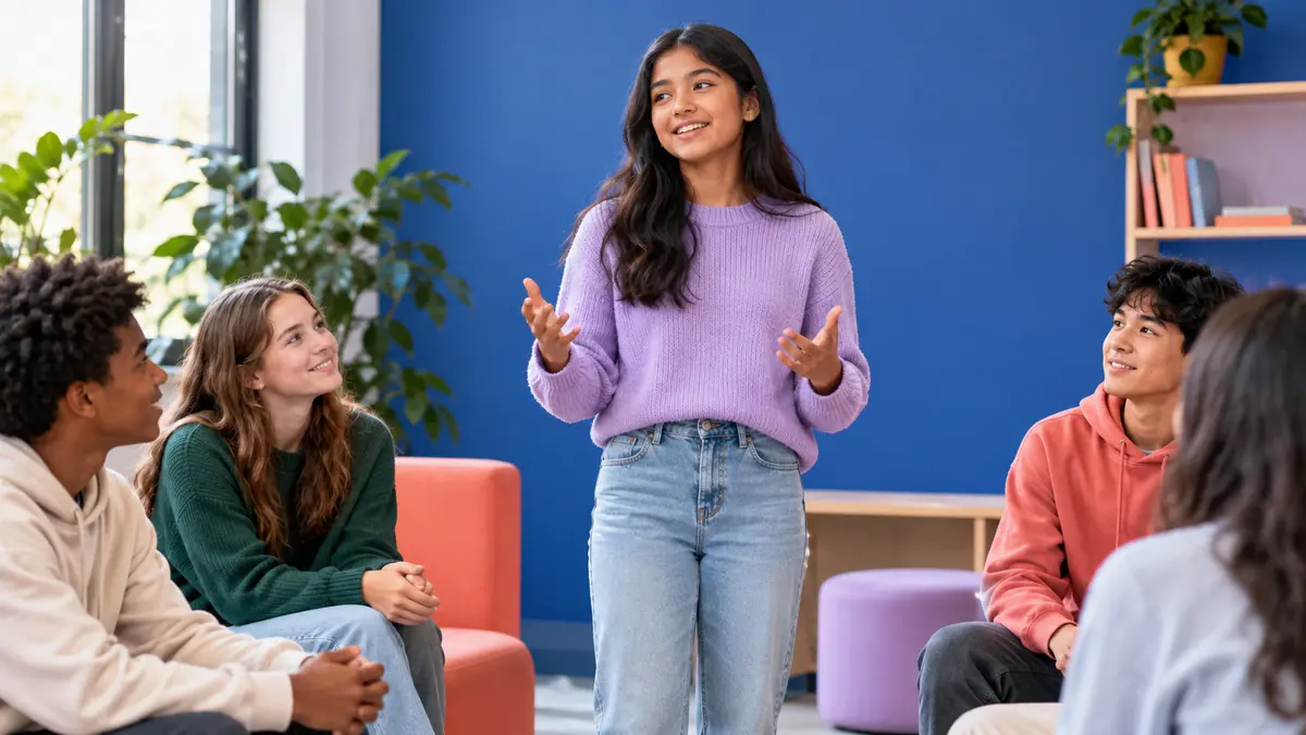 A student practising confident public speaking with peers