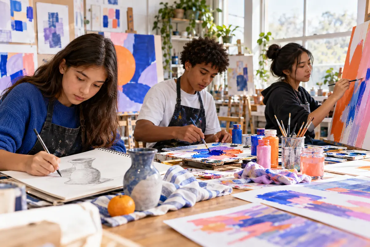 Students creating original artwork together in a bright studio