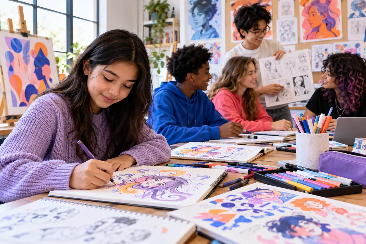 Students developing original characters and visual stories